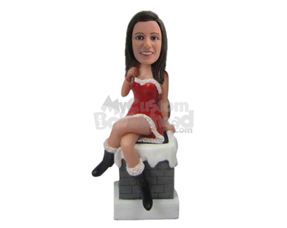 Custom Bobblehead Girl In Strapless Santa Claus Outfit Sitting On A Wall - Holidays & Festivities Christmas Personalized Bobblehead & Cake Topper