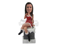Custom Bobblehead Girl In Strapless Santa Claus Outfit Sitting On A Wall - Holidays & Festivities Christmas Personalized Bobblehead & Cake Topper