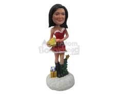 Custom Bobblehead Stylish Girl In Christmas Dress With Some Gifts - Holidays & Festivities Christmas Personalized Bobblehead & Cake Topper