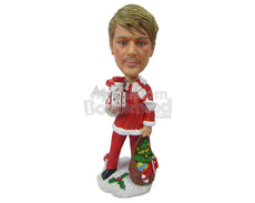 Custom Bobblehead Stylish Fella Wearing Santa Claus Dress With Christmas Gift In Hand - Holidays & Festivities Christmas Personalized Bobblehead & Cake Topper