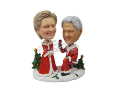 Custom Bobblehead Clinton Couple Wearing Santa Claus Outfit - Holidays & Festivities Christmas Personalized Bobblehead & Cake Topper