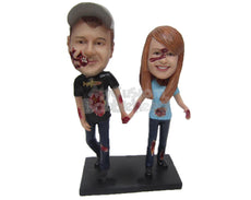 Custom Bobblehead Zombie Couple In Casual Outfit Holding Hands - Holidays & Festivities Halloween Personalized Bobblehead & Cake Topper