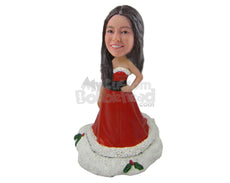 Custom Bobblehead Girl Giving A Pose Wearing Strapless Santa Dress - Holidays & Festivities Christmas Personalized Bobblehead & Cake Topper